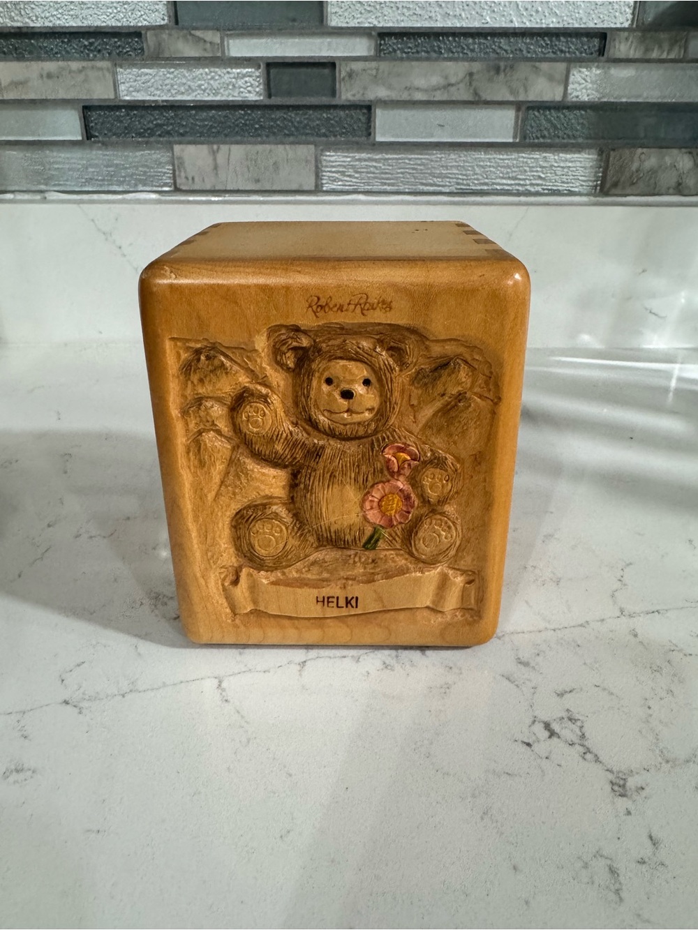 Robert Raikes Hand-Carved Wooden Bear Keepsake Box in Light Brown